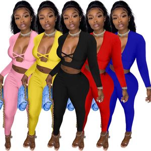 Designer Two Piece Sets Women Tracksuits Spring Herfst Outfits Lange mouw Hollow Out Crop Top en broek Matching Sets Solid Sportswear Sexy Club Wear 8197