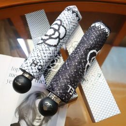 Parapluie de styliste avec grille de fleurs et lettres, entièrement automatique, pliable, noir, protection solaire, double usage, pare-soleil, cadeau