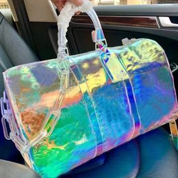 Diseñador Bolsa de equipaje unisex Tote Bolsos de viaje Gimnasio deportivo Hombro Crossbody Bolsas holográficas con láser arcoíris Bolsas de lona transparentes Color brillante