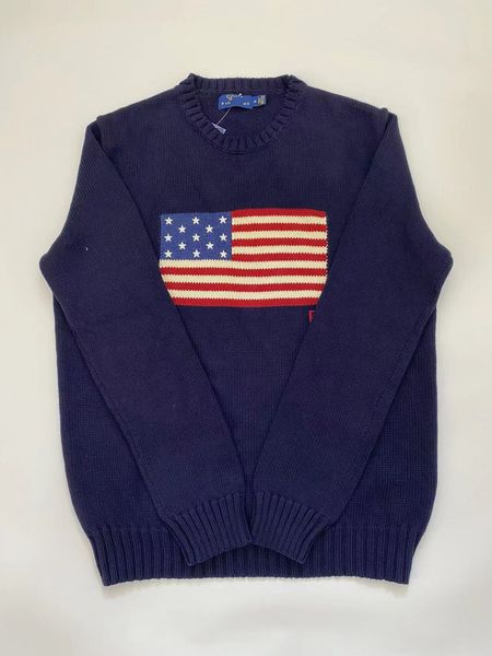Diseñador us Polos de suéter de punto para hombres 2023 invierno azul marino Bandera de los Estados Unidos cuello redondo algodón suelto suéter casual de moda retro