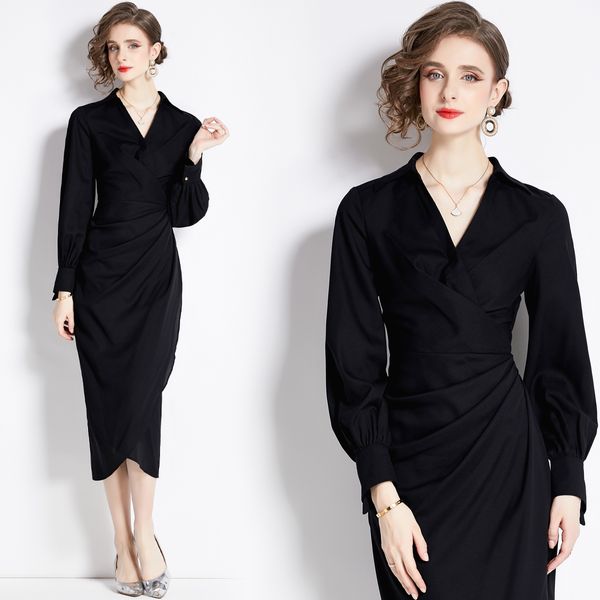 Designer en V-Neck Robe midi noire décontractée Femme à manches longues Urban Sexy Slim Slim High Party Robes enveloppantes Robe 2024 Printemps Frinte