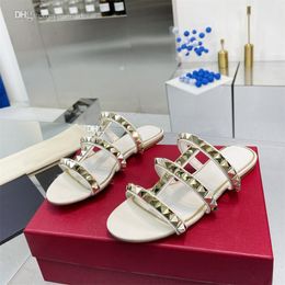Designer V Slide Sandales Mode Rivet Bride À La Cheville Talon Diapositives Femme Talons Hauts Chaussures De Luxe En Cuir