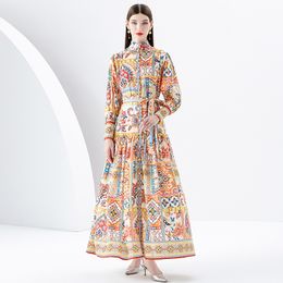 Designer Vakantie Boho Maxi-jurk Dames Lantaarnmouwen Opstaande Kraag Strik Veters Taille Elegante pasvorm Vintage Jurken 2023 Lente Herfst Runway Party Print Jurken