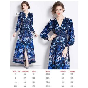 Diseñador vacaciones soporte collar maxi vestido mujer linterna manga delgada arco encaje hasta cintura vintage estampado fiesta boho vestidos bata 2023 primavera otoño casual pista fro 607