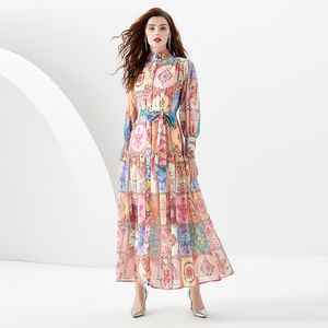 Diseñador Vacaciones Stand Collar Maxi Vestido Mujer Manga Linterna Slim Bow Lace Up Cintura Vintage Print Party Boho Vestidos Robe 2023 Primavera Otoño Casual Runway Frocks