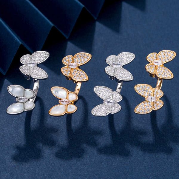 Designer Van Butterfly Ring V Gold Plated 18K Rose White Shell Openter Réglable Diamond Set Fritillaria