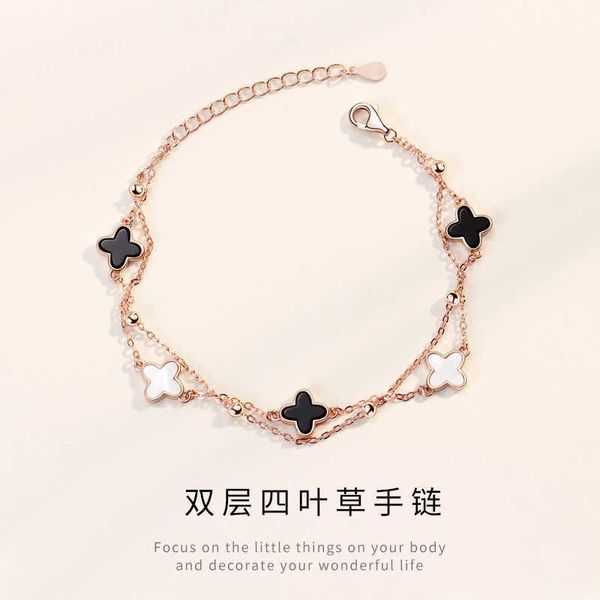 Designer Van CL-AP S925 Sterling Silver Trèfle Cinq Fleurs Bracelet Femme Version coréenne Simple Agate Double couche Rose Golden Girl Bijoux à la main