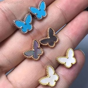 Diseñador Van Cleaf Pulsera Vcas Trébol de cuatro hojas Fritillaria blanca Jadeíta azul Pendientes pequeños de mariposa chapados en oro real Ágata natural Versati que no se decolora