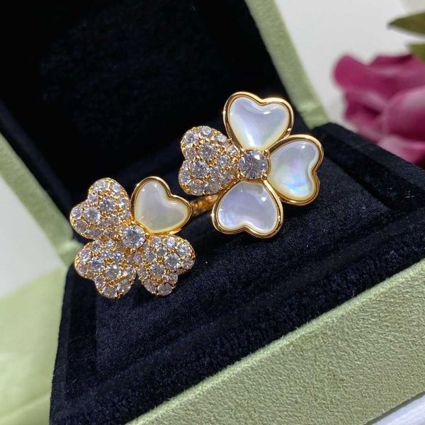 Diseñador Van Natural Blanco Fritillaria Amor Lucky Grass Ring 925 Pure Silver Plate de 18k Rose Gold Open High Edition CB42