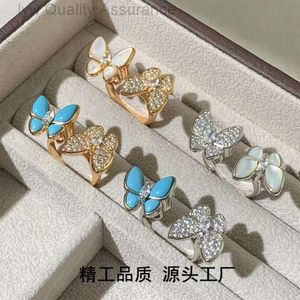 Designer Vanclef Clover Ring Fanjia V Gold High Ding Butterfly Ring White Fritillaria Double anneau de diamant complet Blue Turquoise Fashion Precision Edition