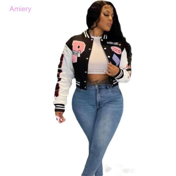 Diseñador Varsity Jacket Mujeres 2023 Otoño Moda Carta Patrón Impreso Manga larga Bomber Chaquetas Streetwear Trajes de abrigo de béisbol corto