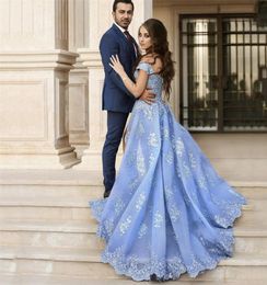 Designer Vestidos DE FORMATUUR Off de schouder Appliqued Lace Prom Dresses Side Slit blauwe avondjurken plus size acceptabel7748432