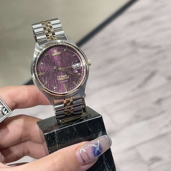 Diseñadora Viviane Westwoods Empress Dowager Xi's New Purple Watch Broken Ice Blue Saturn Reloj para mujer Correa de acero de moda Reloj para mujer Reloj de cuarzo