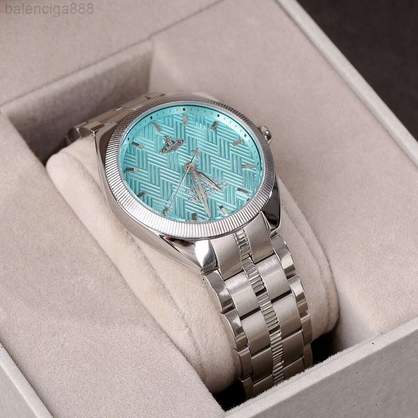 Designer Vivianes Westwood Western Empress Dowagers Dowagers Regardez Broken Ice Blue Saturne Femme minoritaire LUMBRE Tempérament de luxe Fashion Steel Band Womens Watch Couple Q