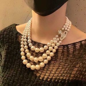 Ontwerper Vivienen Westwoods Nieuwe Viviane Empress Dowager XIS Drie-laags Pearl Magneet Clasp Saturn Ketting High-End Heavy Duty Gradient Pearl Necklace