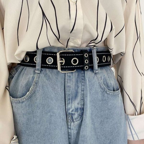 Cinturones de cintura de diseñador para mujeres lienzo negro fresco con agujeros completos adecuados para hombres y hembras todo el cinturón extendido de metal de metal moderno de moda
