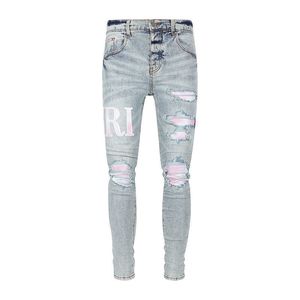 Designer Washed 2024 AmirssNew Jeans pour hommes Vieux côté endommagé Rose Rose Patchwork Bleu Jeans Sport