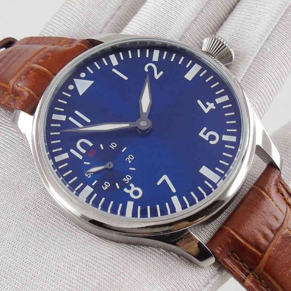 Reloj de diseño 44 mm Manecillas luminosas Movimiento con esfera azul Manual Reloj mecánico para hombre Correa de cuero Reloj para hombre Relojes Montre Relojes de alta calidad