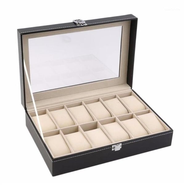 Boîte de montre design 12 fentes grille PU boîte d'affichage en cuir bijoux organisateur de stockage cas boîtes verrouillées rétro Saat Kutusu Caixa Para R2513