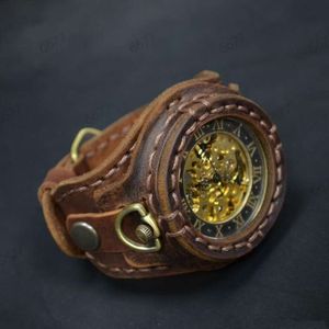 Montre de créateur faite à la main, Style Vintage, charmante boucle à aiguille en laiton marron, montre mécanique en cuir véritable, montre à main à grand cadran