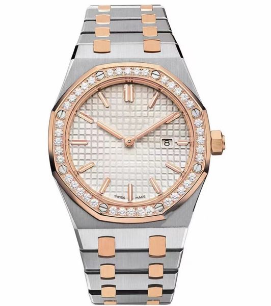 Reloj de diseño Reloj de cuarzo de alta calidad Acero inoxidable 316 plateado Esfera con incrustaciones de diamantes Caja de pulsera dorada y multicolor de 33 mm Reloj de lujo para mujer