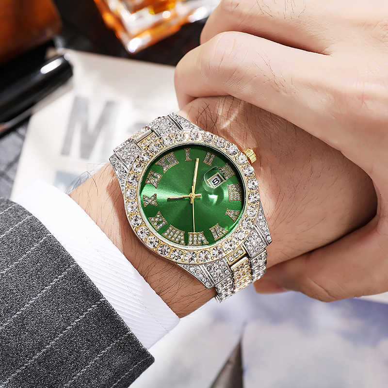 Zegarek designerski zegarki Hiphop stalowy zespół Hip Hop Roman Scale Diamond Calendar Męski kwarcowy Zegarek Panika Kupowanie Promocja