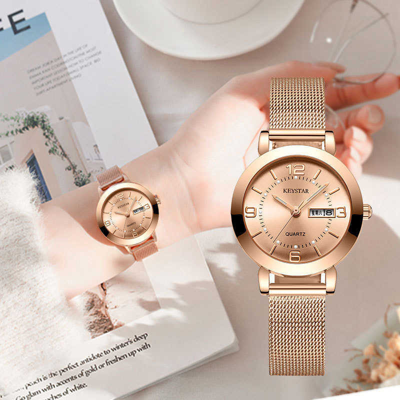 дизайнерские часы Wanghong женские корейская версия простые водонепроницаемые светящиеся двойной календарь не полностью автоматические
