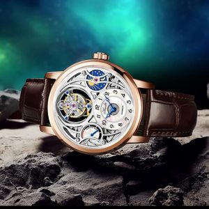 Reloj de diseño Relojes de pulsera Tourbillon Reloj Esqueleto para hombres HAOFA Pequeños números arábigos Escala Dial Fase lunar Reserva de energía Zafiro a prueba de agua