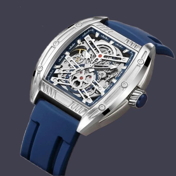 Relojes de diseño Correa de caucho azul Esfera de cristal de zafiro Reloj de pulsera para hombre Hebilla de acero inoxidable completo Reloj esqueleto Cuadrado Exquisito orologio di lusso sb060 C4