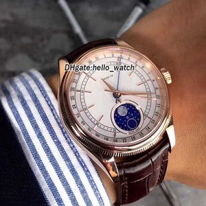 Designer horloges goedkope 39 mm Cellini Moonphase 50535 M50535 witte wijzerplaat automatisch herenhorloge rosé gouden kast lederen band saffier d190o