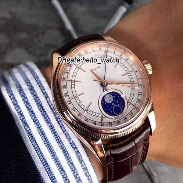 Relojes de diseño Barato 39 mm Cellini Moonphase 50535 M50535 Dial blanco Reloj automático para hombre Caja de oro rosa Correa de cuero Zafiro d216i