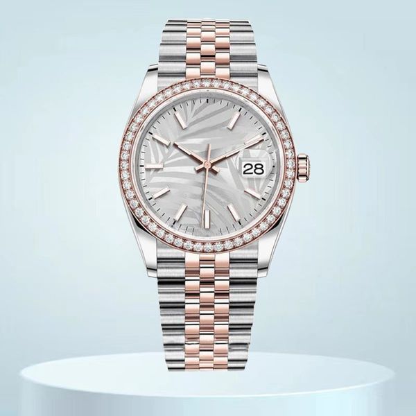 montres de créateurs montre de haute qualité femmes feuille de palmier cadran gris lunette en diamant 36mm 41mm couple moissanite montre 8215 mouvement automatique montre en acier inoxydable en or rose