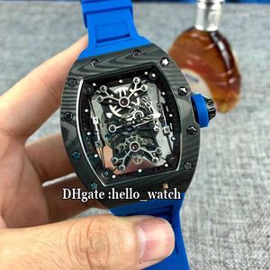 Relojes de diseño Limited Black NTPT Carbon Fibers Case 50-27-01 50-27 Skeleton Dial Reloj automático para hombre Correa de caucho azul 9 Color de descuento