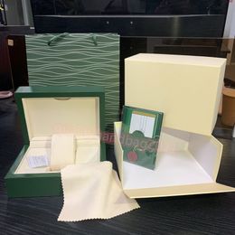 Cajas de relojes de diseñador Topquality Dark Green Watch Box Regal Cajones de madera para Rolex Relojes Etiquetas de tarjetas de folletos y papeles en inglés suizo 288k