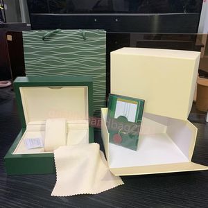 Designer Watchs Boxes TopQuality Dark Green Watch Box Gift Woody Cases pour montres Rolex Livret Carte Tags et papiers en anglais S257J