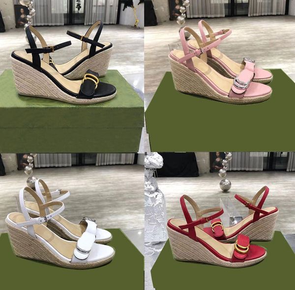 Sandalias de diseñador Tejido Tacones altos Mujer Sandalia Cuña Cuerda de cáñamo Plataforma Fondo grueso Guita ligera Sandalia trenzada Vacaciones Aumento Zapatillas Zapatos casuales con caja