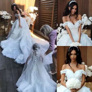 Designer trouwjurken bruidsjurk met 3D bloemen kanten applique van de schouder tule kralenkapel trein vestido de novia 403 403