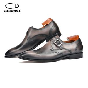 Designer Wedding Fashion Single Saviano Dress Monk oncle Best Man Shoe authentine en cuir authentique Chaussures à la main pour hommes 629 S