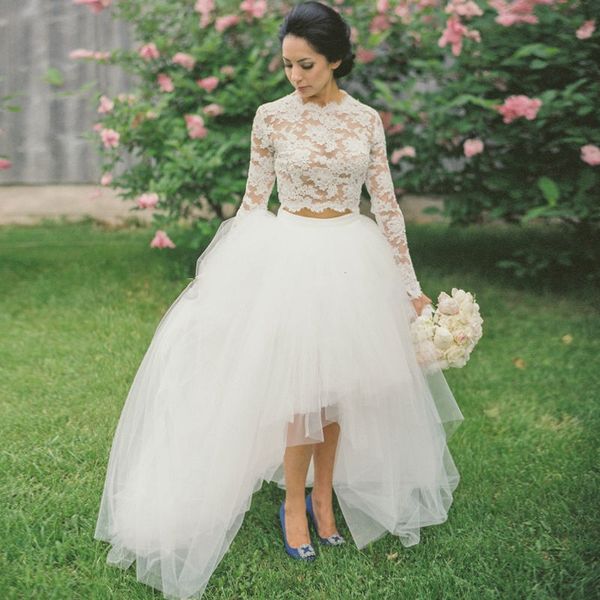 Designer Blanc Haut Bas Robe De Mariée Sexy Longueur Vive Tulle Dentelle Sheer Robe De Mariée Manches Deux Pièces Pays Bohème Robe De Mariée Pas Cher