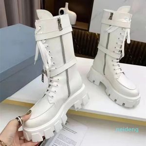 Diseñador -Blanco Cuero Bolsa de nailon Tobillo Botas de combate Plataforma Cuñas Punta redonda Tacones de bloque Botines planos Lujo grueso para mujer Calzado de fábrica