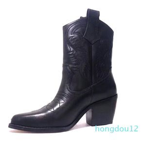 Designer bottes d'hiver Western Cowboy bottines 100% cuir véritable broderie chaussons bout pointu luxe femmes chaussures avec boîte US4-10