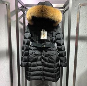 Chaquetas de invierno de diseñador para mujer, parkas largas de ganso con cinturón, sudadera con capucha, abrigo de marca blanca, parka de piel para mujer, ropa cálida