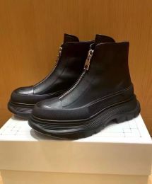 Diseñador Invierno Elegante Mujer Pisada Slick Zip Plataforma Botas Negro Punta Redonda Punta Redonda Tobillo Señora Piel De Becerro Casual Caminar Botines De Motocicleta 35-40