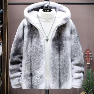 Manteau d'hiver en peau de vison pour hommes, imitation cheveux croisés, capuche et court intégré, 5OTC