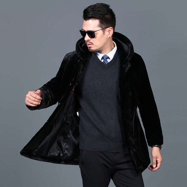 Diseñador Ropa de invierno Mink Fleece Abrigo de cuero para hombre con capucha Piel de oveja Corte integrado Medio Largo 2N2B