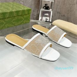 Diseñador - Sandalias de tacón de diseñador para mujer en malla de cristal negro Tacones de gatito Deslizadores Zapatilla Mula plana Señora Casual Playa de verano