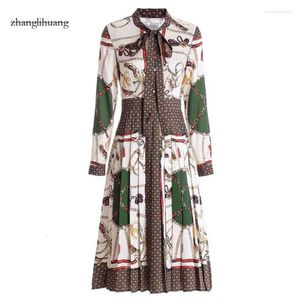 Designer femme robe printemps automne à manches longues pour femmes vintage imprimé élégant robe plissée de noix