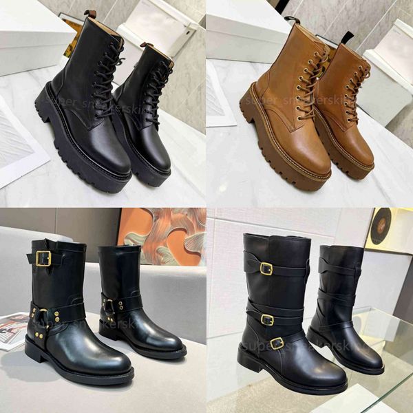 Botas de tobillo de diseñador para mujer Botas con cordones voluminosos Mocasines de vaquero de cuero Botas de plataforma con hebilla con cordones de invierno Botas de caballero Caballero del desierto Tamaño 35-41 con caja