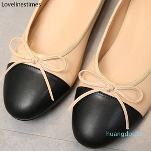 Designer- Women Ballet Flats Classic Shoes Leather Tweed Cloth Two Color Splice Bow Round Flat Shoes Fashion