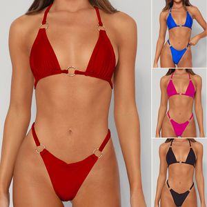 Designer Women Bikini Set Sexy Female Metal Ring Swwear Clothing Girls Triangle Lace Up Massuit de bain Party Party Bathing Fulging Top Top Push Up Brésilien Biquini